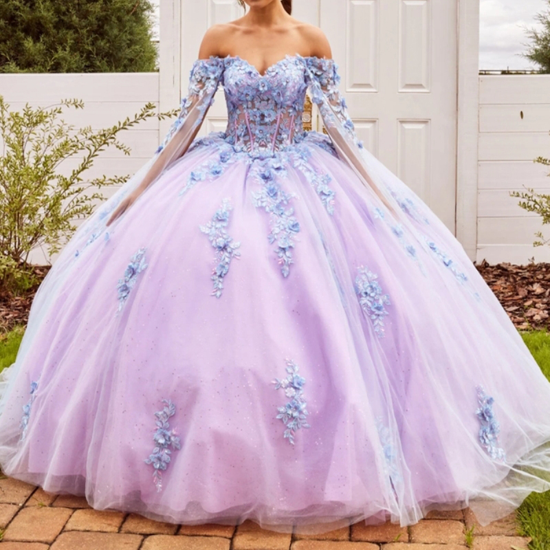 Mexico Light Lavender Quinceanera Dresses For 16th Year Girls Applique Beads Lace Up With Cape Party Prom Gown Vestidos 15 De XV Anos
