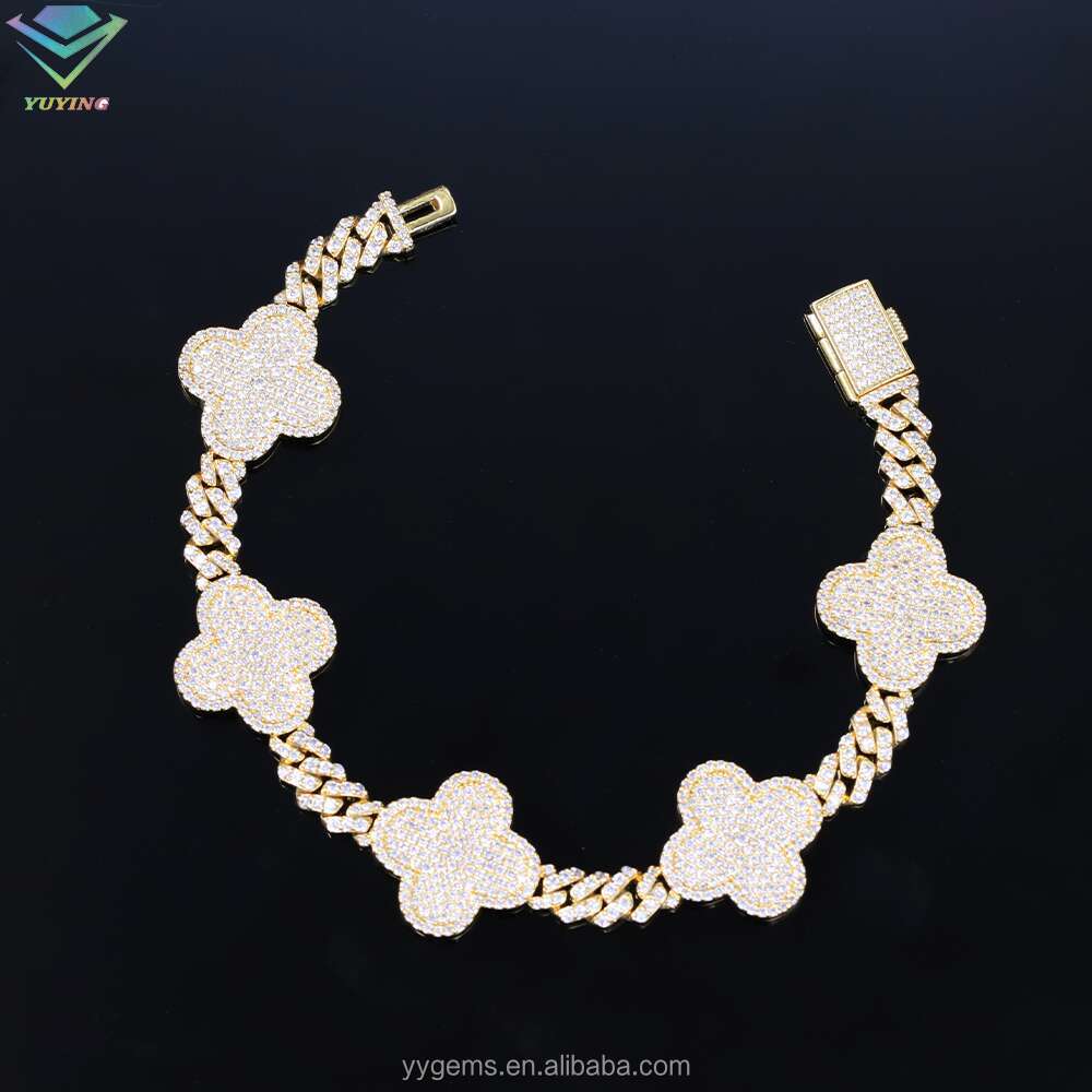 Lucky three Leaf Clover Jewelry 6mm Wide Gold Plated VVS Moissanite For Men Sier Cuban k Bracelet