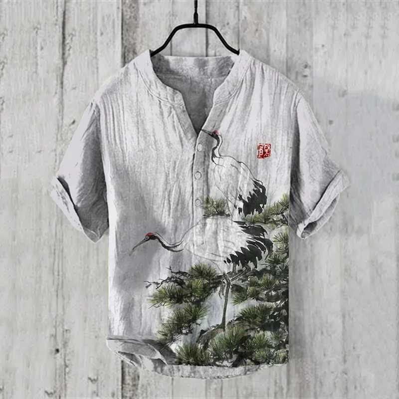 2024 new linen shirt 100% mens Japanese art landscape ink bamboo bird fish 3D printing fashion casual Henry V-neck shirtW240726