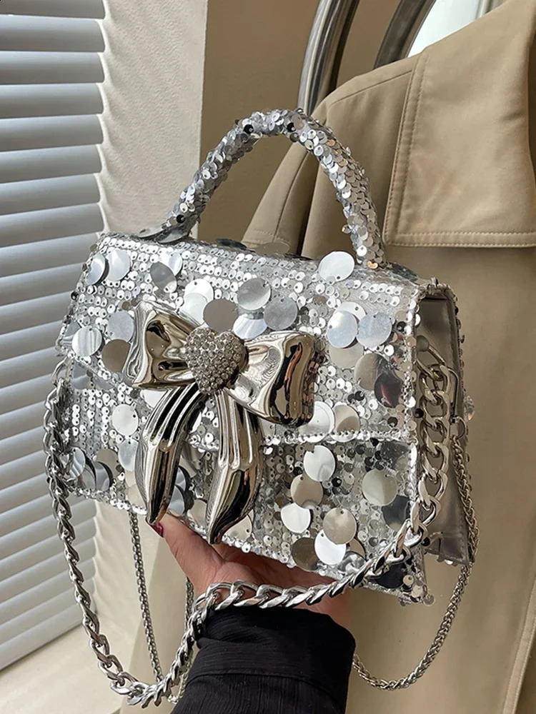 Glitter Shiny Sequins Square Bag Womens Handbag Metal Bow Knot Evening Bag Wedding Party Clutch Purse Crossbody Bag 240816