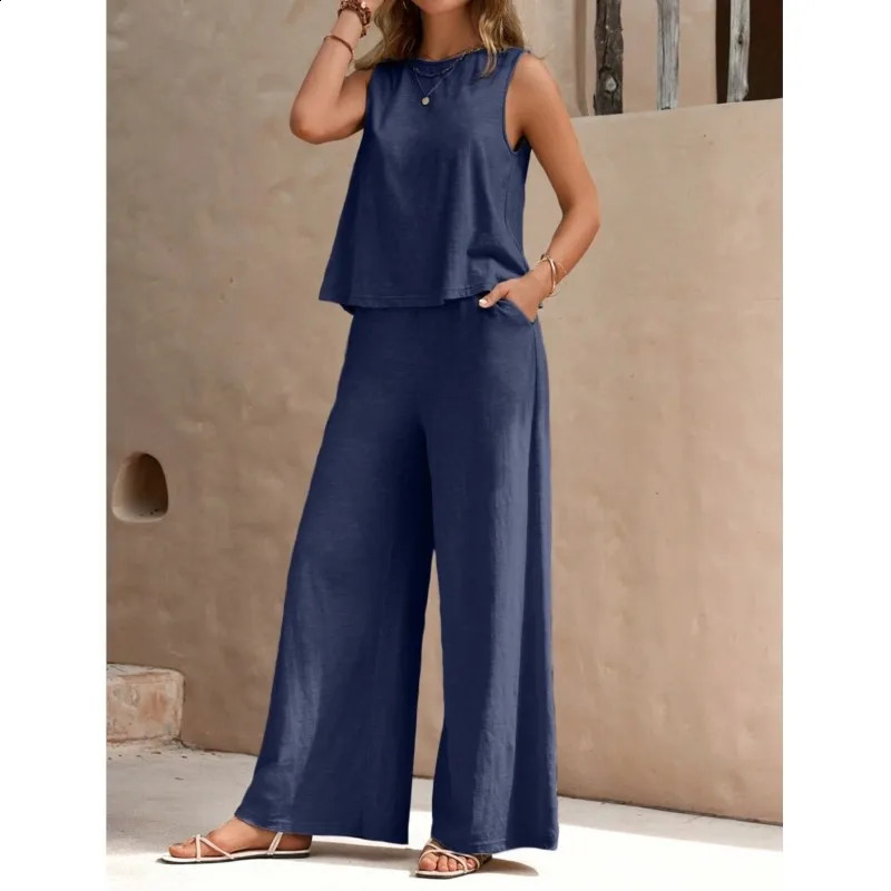Womens Set Summer Yellow Round Neck Sleeveless Shirt Wide Leg Pants Two Piece Set For Women Versatile Casual Outfits 240816