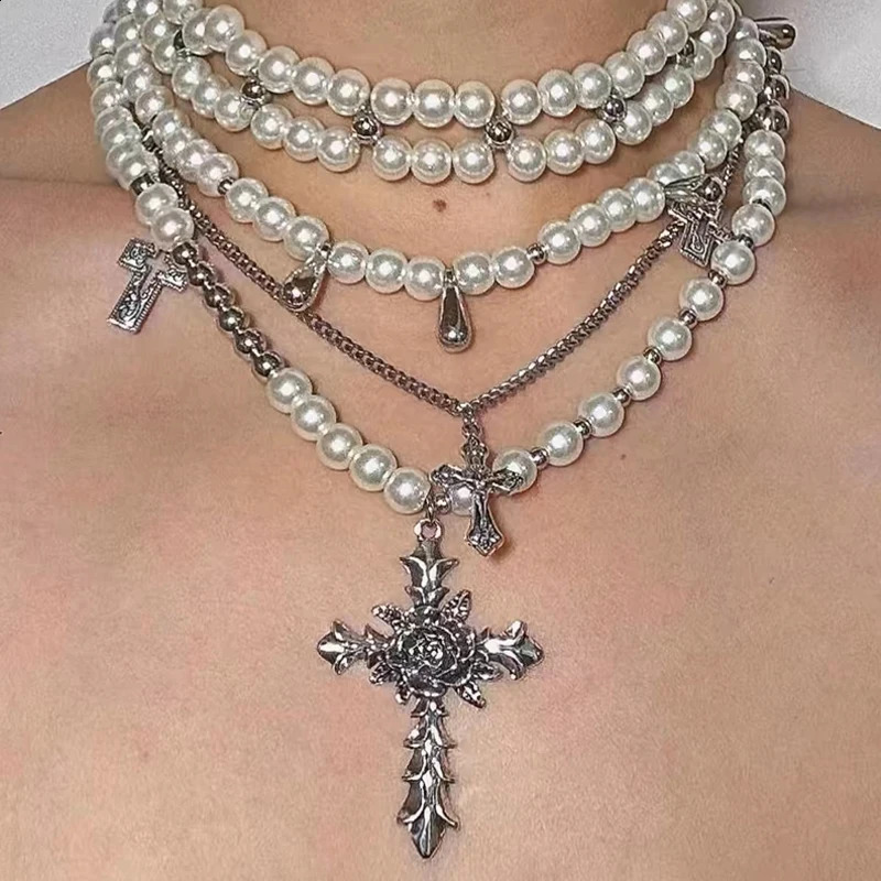 Y2K Accessories Pearl Cross Necklaces Multi Layer Choker Set Charms Necklace for Women Korean Fashion Necklace Punk Goth Jewelry 240809