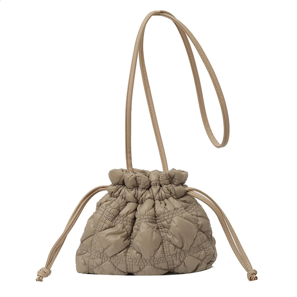Women Puffer Bucket Bag Detachable Strap Drawstring Shoulder Bags Solid Color Quilted Crossbody for Outdoor Travel 240816