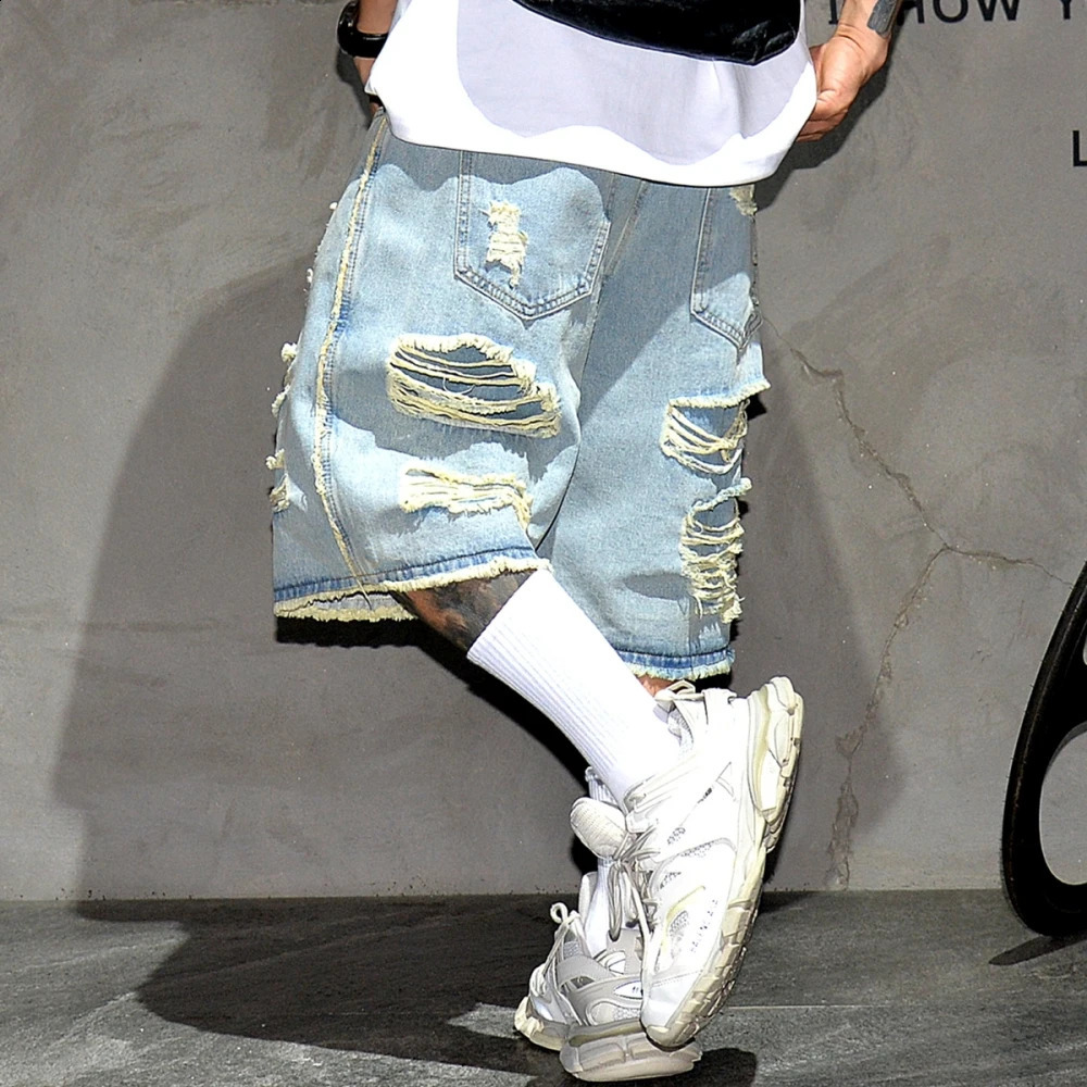 Summer Korean Hip Hop Ripped Denim Shorts Men Clothing Streetwear Jorts Harajuku Casual Baggy Jeans Kpop Blue Cargo Shorts Male 240816