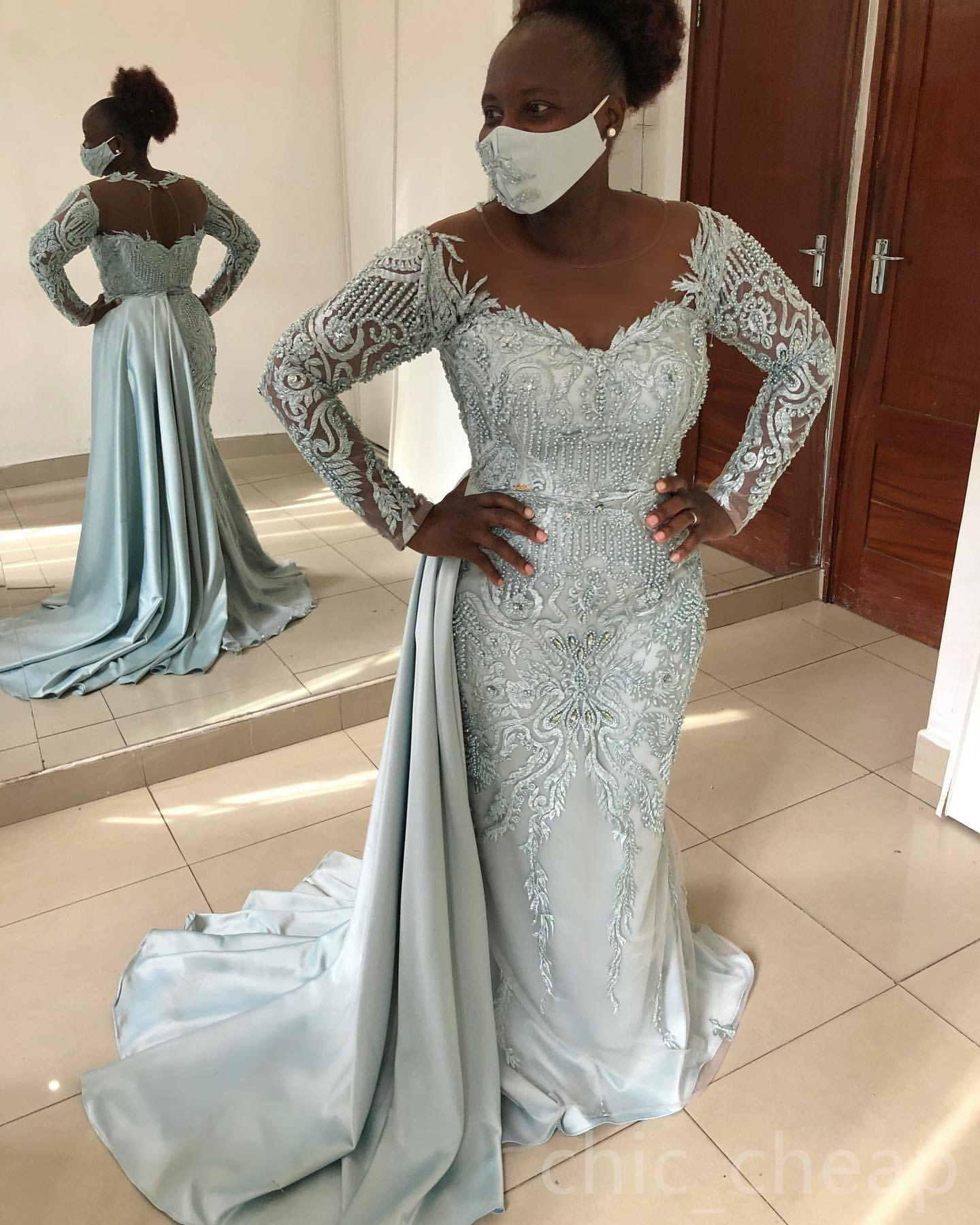 2024 silver mermaid mother of bride dresses lace beaded evening party mama dress vintage satin full sleeves birthday wedding guest groom mothers gowns