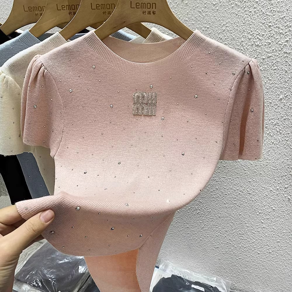 Women short puff sleeve rhinestone logo letter knitted designer o-neck tees
