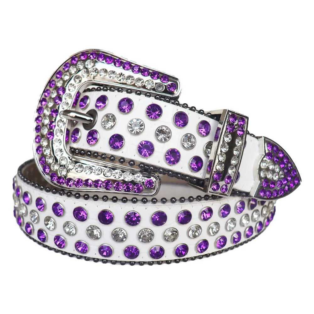 Unisex adult plus size womens punk western denim Rhinestone with stud diamond PU leather strap BB W240807
