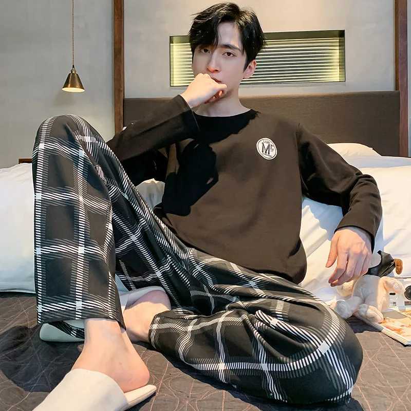 Spring Cotton Pajamas Men Lounge Sleepwear Blue Plaid Pijama Mans Bedgown Home Clothes PJ Pijama Hombre pijma hombre DropshipXJ240815