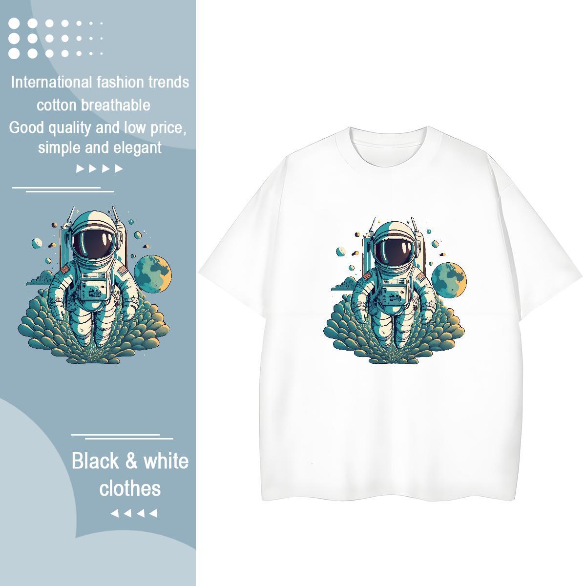 Classic T-Shirts O-Neck Short Sleeve 230g Pure Cotton Woman Tshirt White Plus Size spaceman Street Wear Soft Tees Shirts