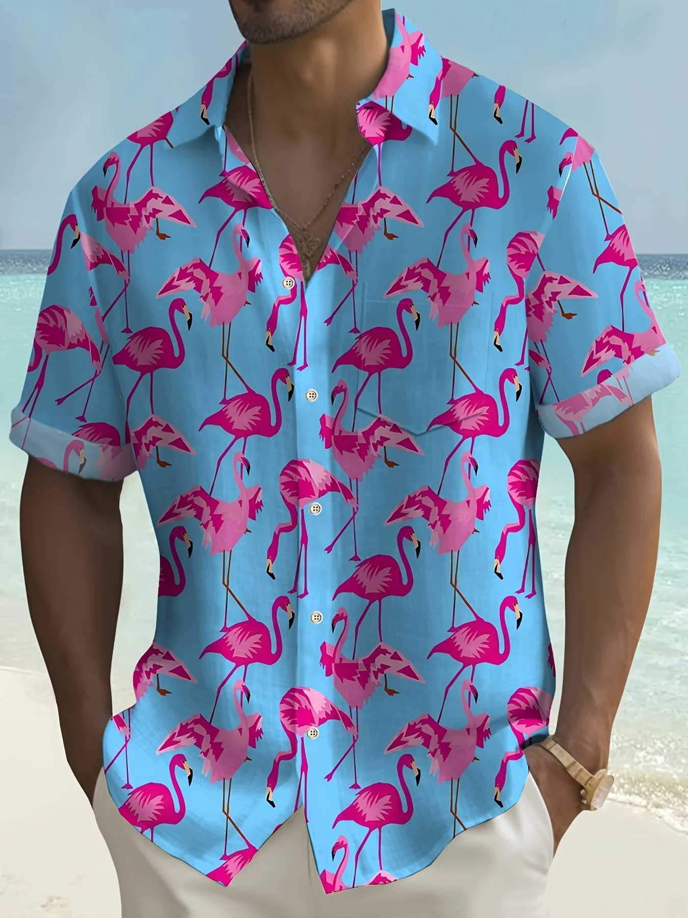 Mens plus size flamingo pattern Hawaiian shirt summer short sleeved T-shirt top Harajuku casual shirt short sleeved streetwearW240726