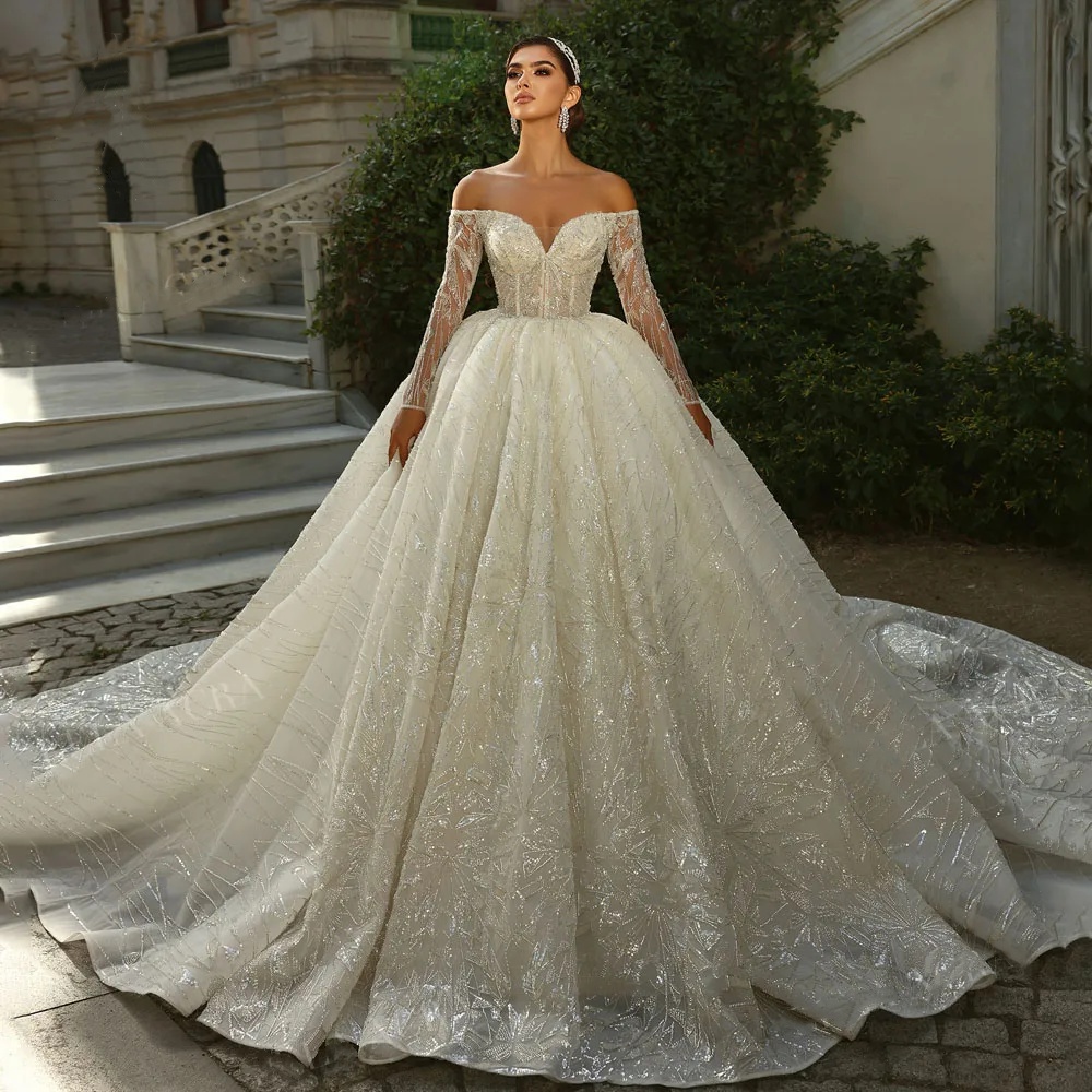 Glamorous Wedding Ball Gowns Sequins Beading Lace Bridal Dress Off Shoulder Long Sleeves Custom Made Sweep Train Vestido de novia Plus Size