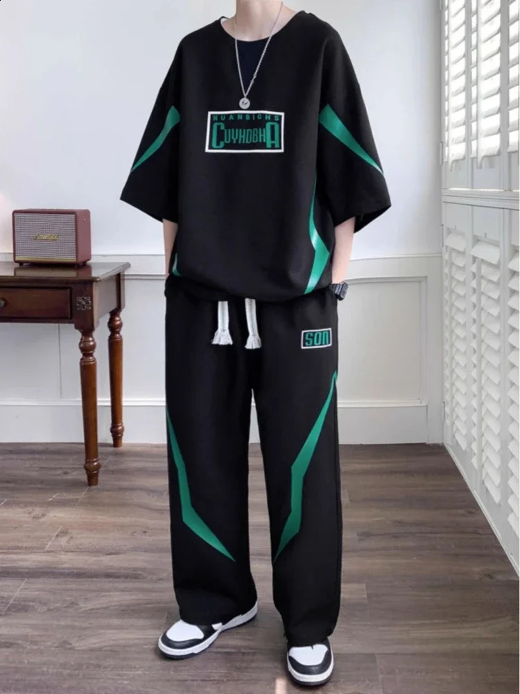 Black Tracksuit Man Trousers Sets Sweatsuit T-shirts Pants Suits for Men Nylon Sweatshirts White Two Piece Set Korean Style 240821