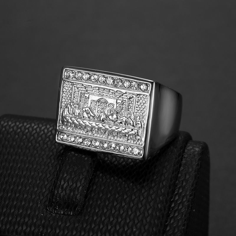Classic Square The Last Supper Stainless Steel Casting Mens Ring 18k Real Gold Plated Jewelry