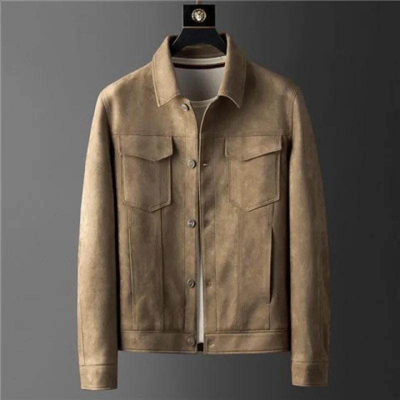 Suede Leather Mens Jacket Spring Business Casual Vintage Cargo Short Jacket Retro Slim Fit Autumn British Resistant Outwear 240816
