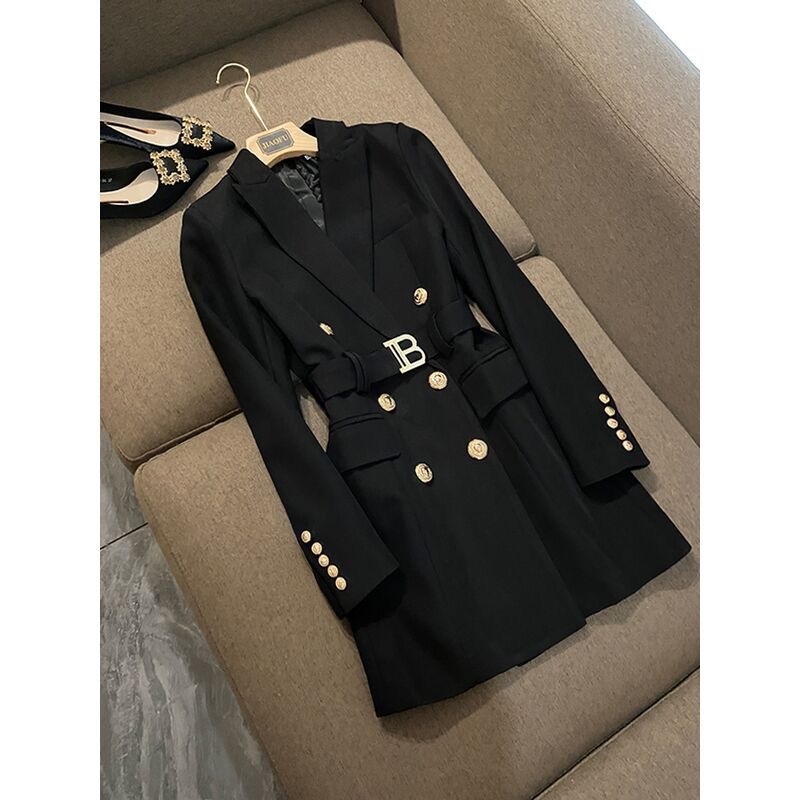 High-end black suit dress for women, spring and autumn temperament waisted suit outer style little black skirt