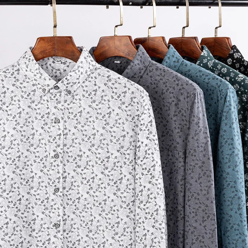 Men 100 Cotton Oxford Long Sleeve Shirts Floral Print Breathable Office Dress Shirt Casual Fashion Standard Workwear Shirts 240816