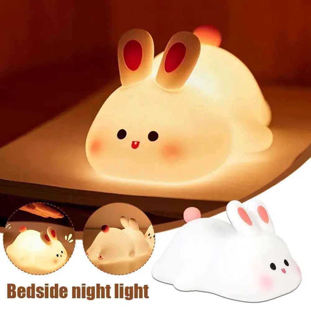 Big face rabbit night light childrens bedroom rechargeable toy light silicone cute decoration soft bed cabinet color Y5Z7 W240816
