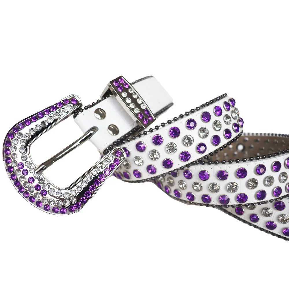 Unisex adult plus size womens punk western denim Rhinestone with stud diamond PU leather strap BB W240807