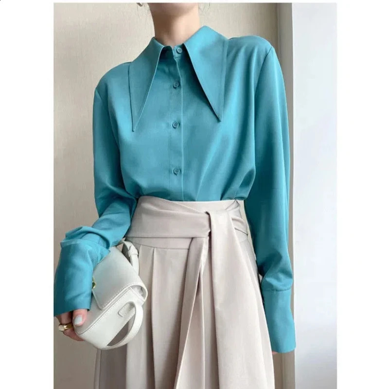 Spring Autumn Elegant Long Sleeve Loose Shirt Tops Solid Color All-match Fashion Blouse Temperament Korean Women Clothing 240816