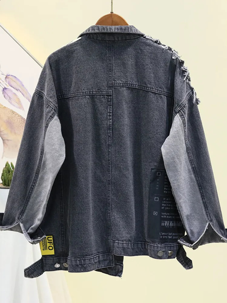 Vintage full sleeve decal spaper pattern largesized black denim jacket casual trend autumn 240814