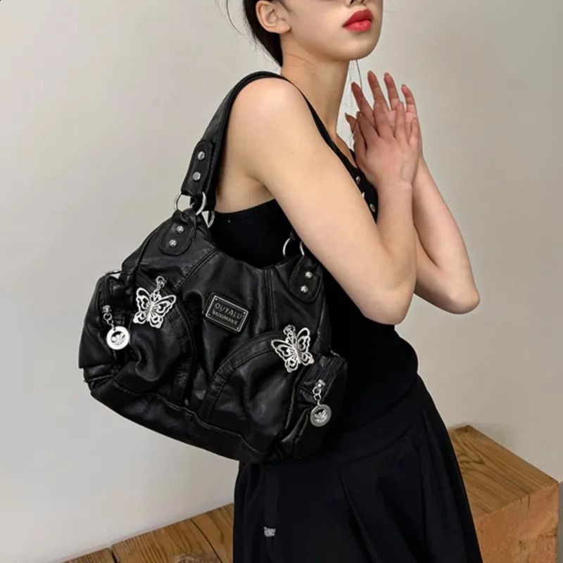 JIAERDI Retro Black Messenger Bag Purse Women Subculture Girls Butterfly Leather Y2k Handbag Female Vintage Crossbody Bags 240816