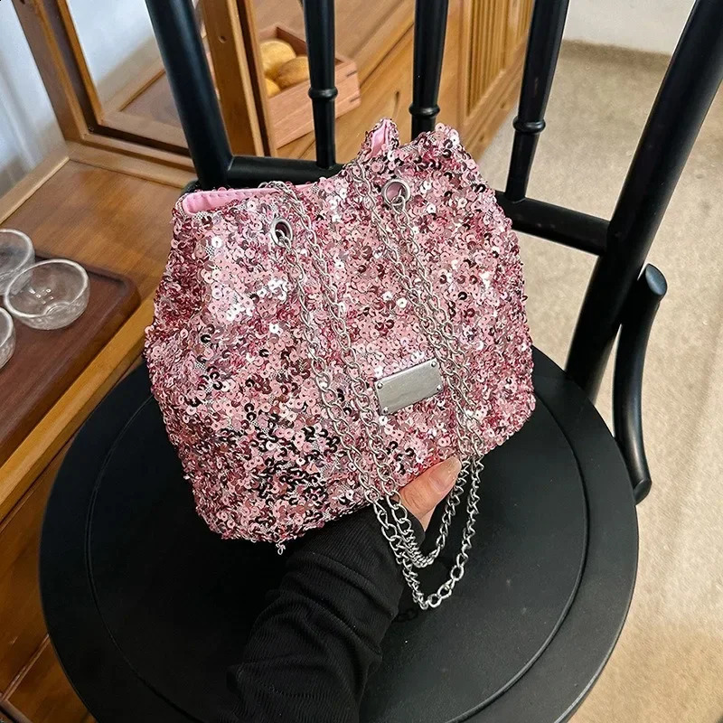 Fashion Sequined Womens Bucket Bag Handbags Female Crossbody Shoulder Tote Purse Chain Messenger Lady Handbag y240816