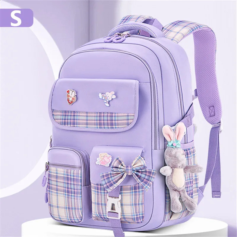 With Rabbit Pendant For Girls Orthopaedics Kids Backpack Kawaii Waterproof School bag Primary Bow Knot Schoolbag mochilas BOOK 240816