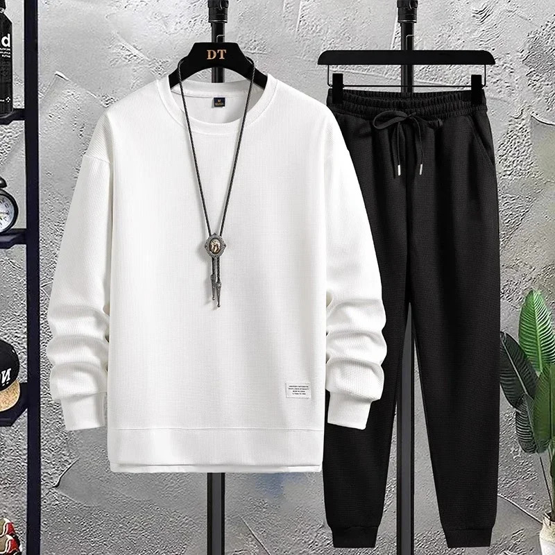 Spring Autumn Mens Set Solid Color Waffle Fabric Sports Set Long Sleeve Sweatshirt and Pants Casual 2PC Male Outfit Set 240821