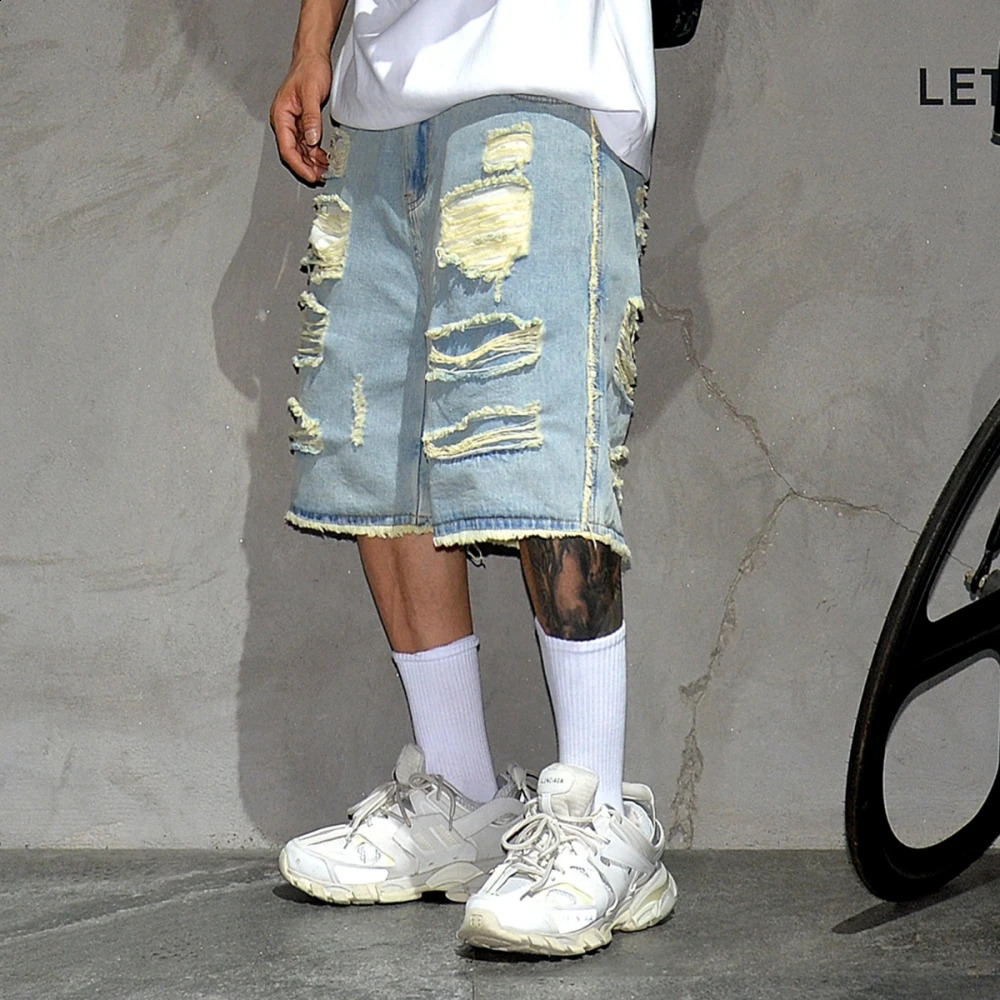 Summer Korean Hip Hop Ripped Denim Shorts Men Clothing Streetwear Jorts Harajuku Casual Baggy Jeans Kpop Blue Cargo Shorts Male 240816