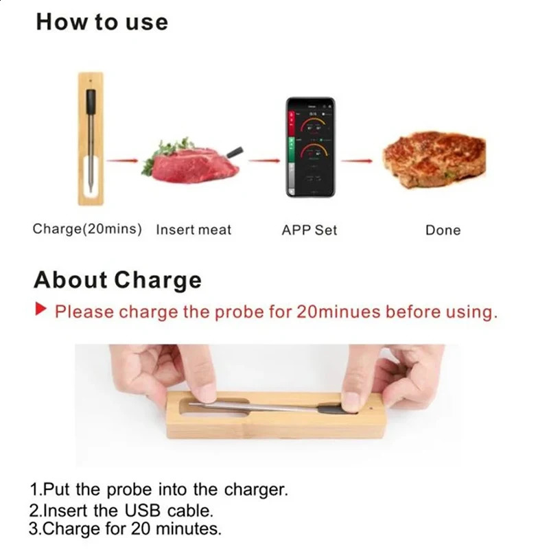 Oven Barbecue Smoking Kitchen Smart Digital Bluetooth Barbecue Temperature Gauge Wireless Meat Food Temperature Gauge 240816