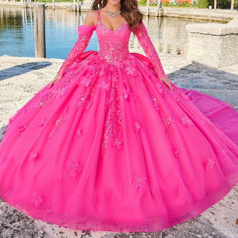 Rose Red Quinceanera Dress Ball Gown Spaghetti Strap Appliques Lace Flower Beads Tull Vestidos De 15 Anos Sweet 16 Dress
