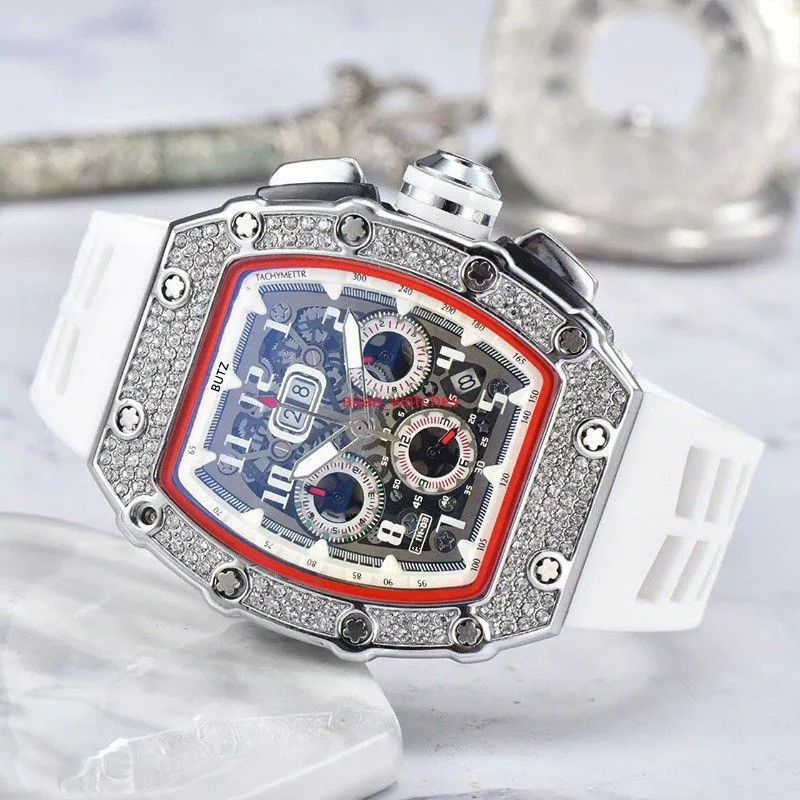 6 pin Diamond Automatic Date Watch Limited Edition Men watch Top brand luxury full function quartz watchES Silicone strap