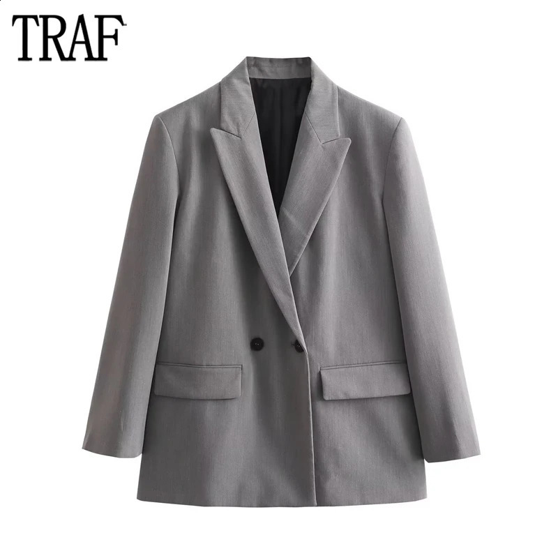 TRAF gray oversized long womens double chest sportswear winter office jacket mens women 240814