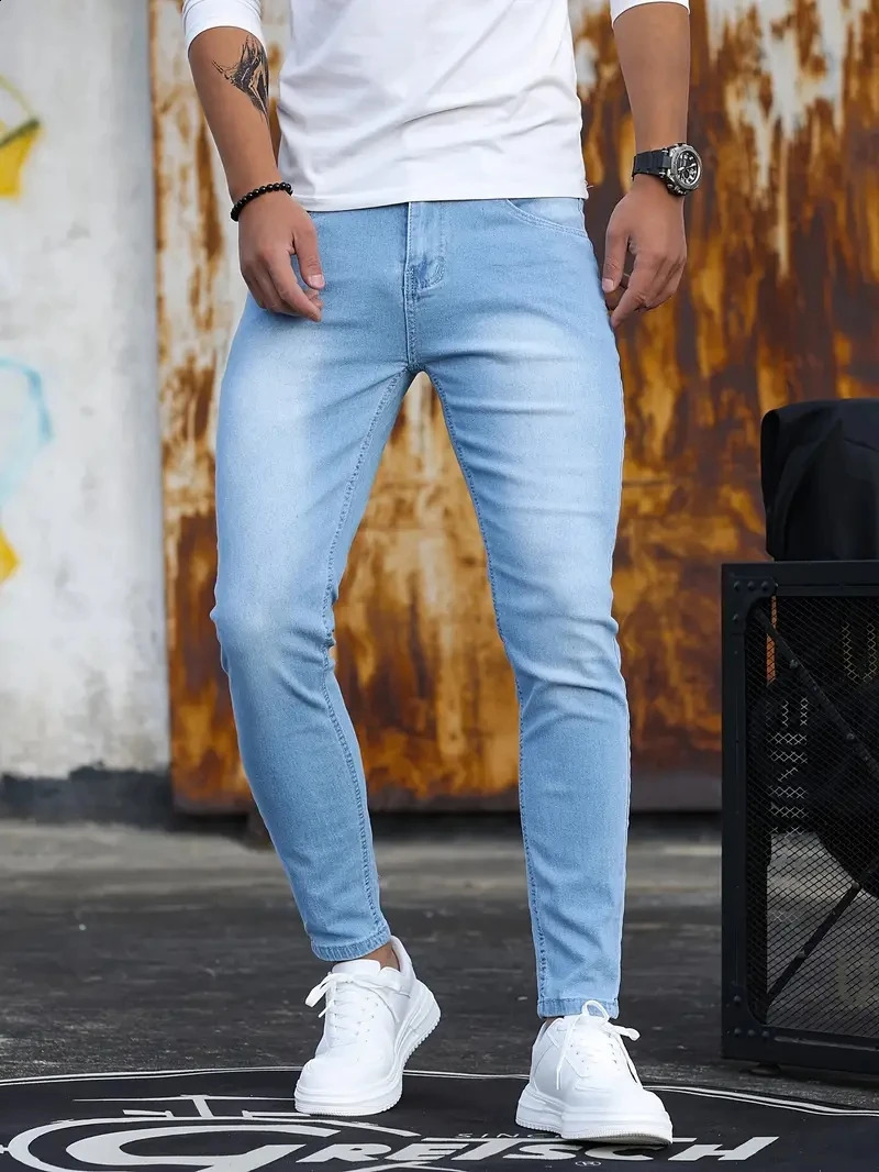 Mens pants vintage washed zipper stretch jeans casual slim fit mens Trouser plus size pencil denim tight w240816