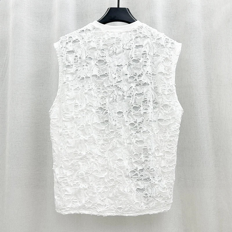 PFHQ mens summer vest wearing personalized patch work clothes perforated sleeveless mens breathable summer vest model 21Z49 240816