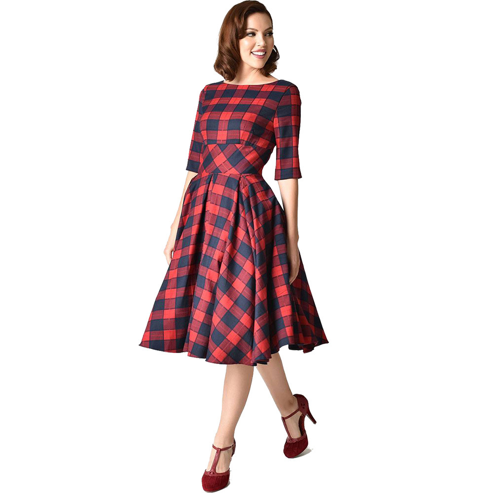 Charming Red Plaid Hepburn Design Women's Midi Dress with Classic Round Neck for Spring/Autumn Wear