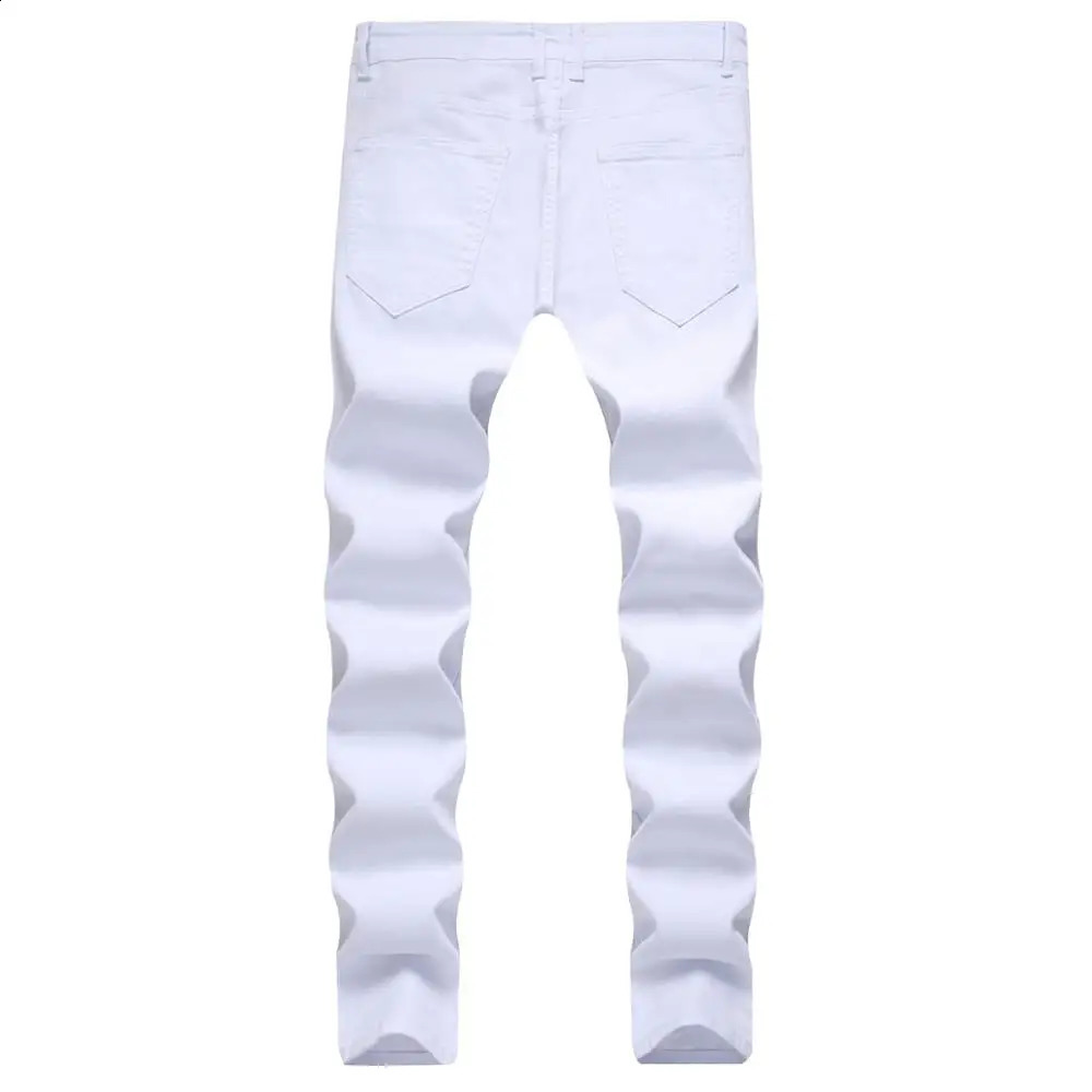 Y2K Spring Mens Perforated Denim Trouser Fashion Tear White Jeans Hip Hop Retro Tight Zipper Casual Homme w240816