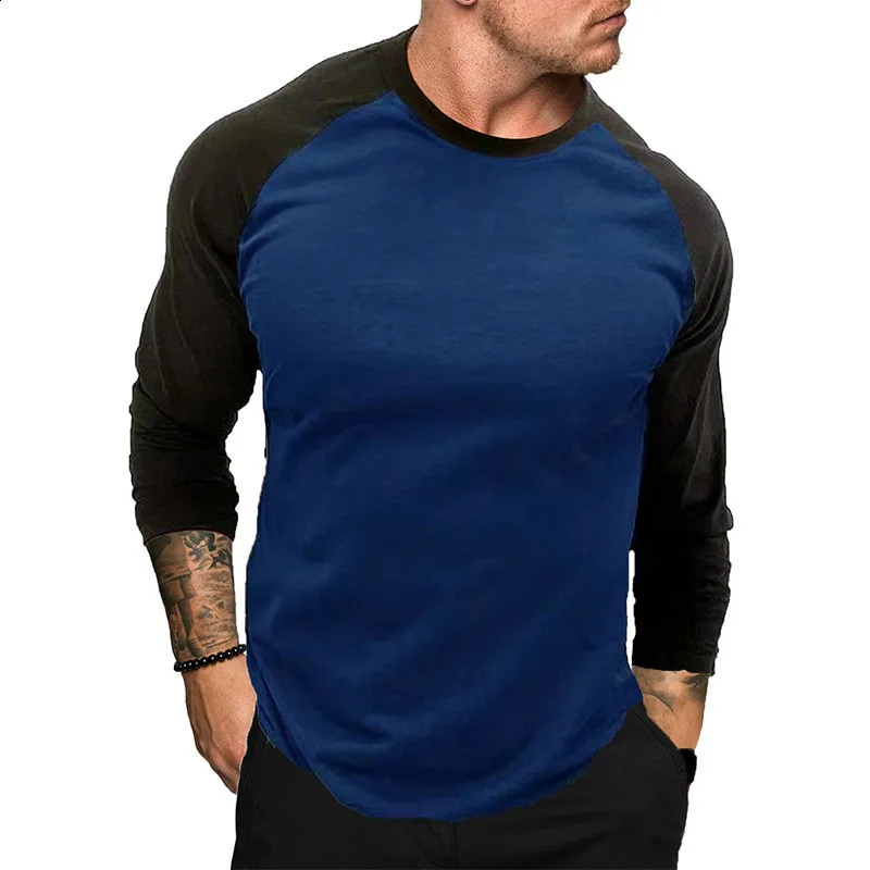 casual and fashionable long sleeved Tshirt for mens spring autumn patch work gym clothing fitness sports raglan sleeve w240827