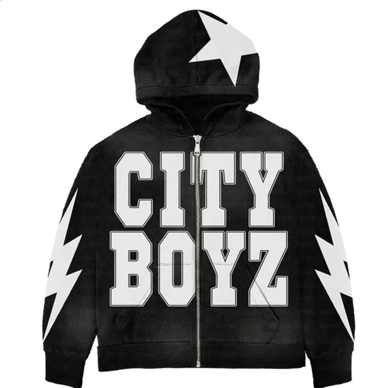 Y2K Hoodie Hip Hop Gothic Letter Splicing Loose Pulling Mens Fashion Retro Harajuku Street Clothing Casual Zipper Top 240813