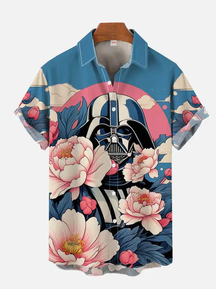 2024 Fashion Ukiyo-E Tropical Flower and Sci Fi Space Warrior Printed Flip Collar Hawaiian Short Sleeve Casual ShirtW240726