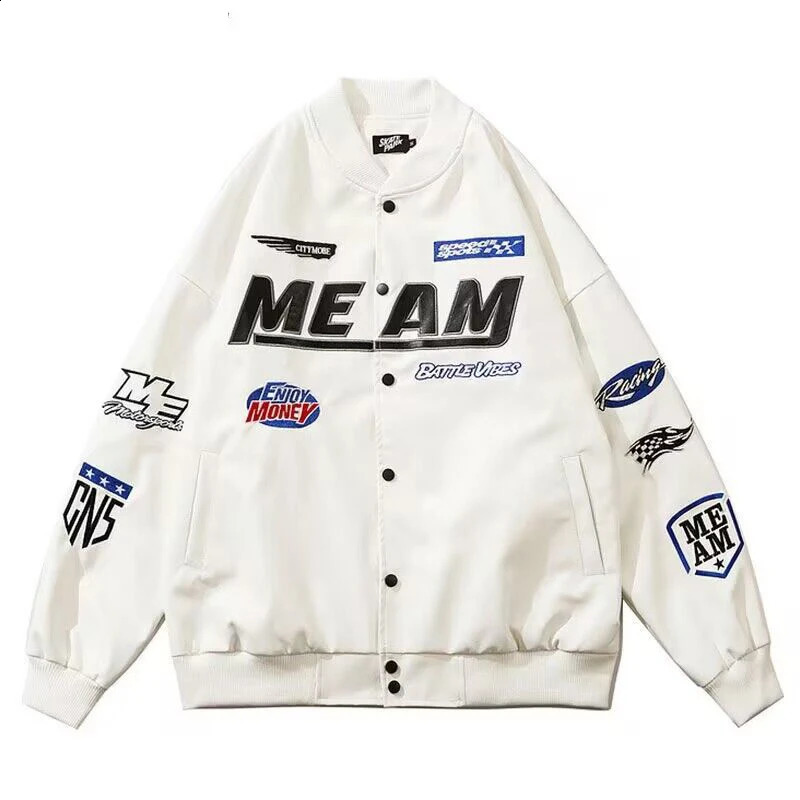 Bomber Leather Jacket Men Women Y2k Vintage Varsity PU Jackets Racing Hip Hop Oversize Letter Baseball Outwear Autumn Street 240809