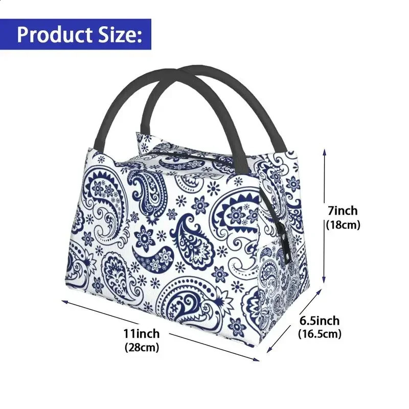 Blue And White Vintage Paisley Style Insulated Lunch Bag for Women Leakproof Flowers Pattern Cooler Thermal Lunch Tote 240816