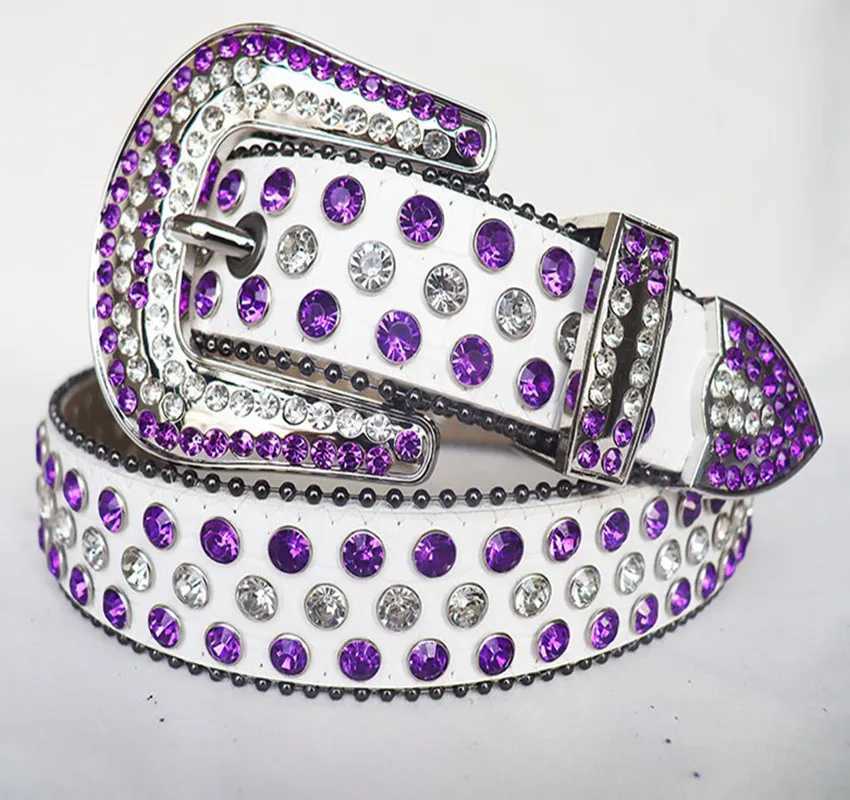 Unisex adult plus size womens punk western denim Rhinestone with stud diamond PU leather strap BB W240807