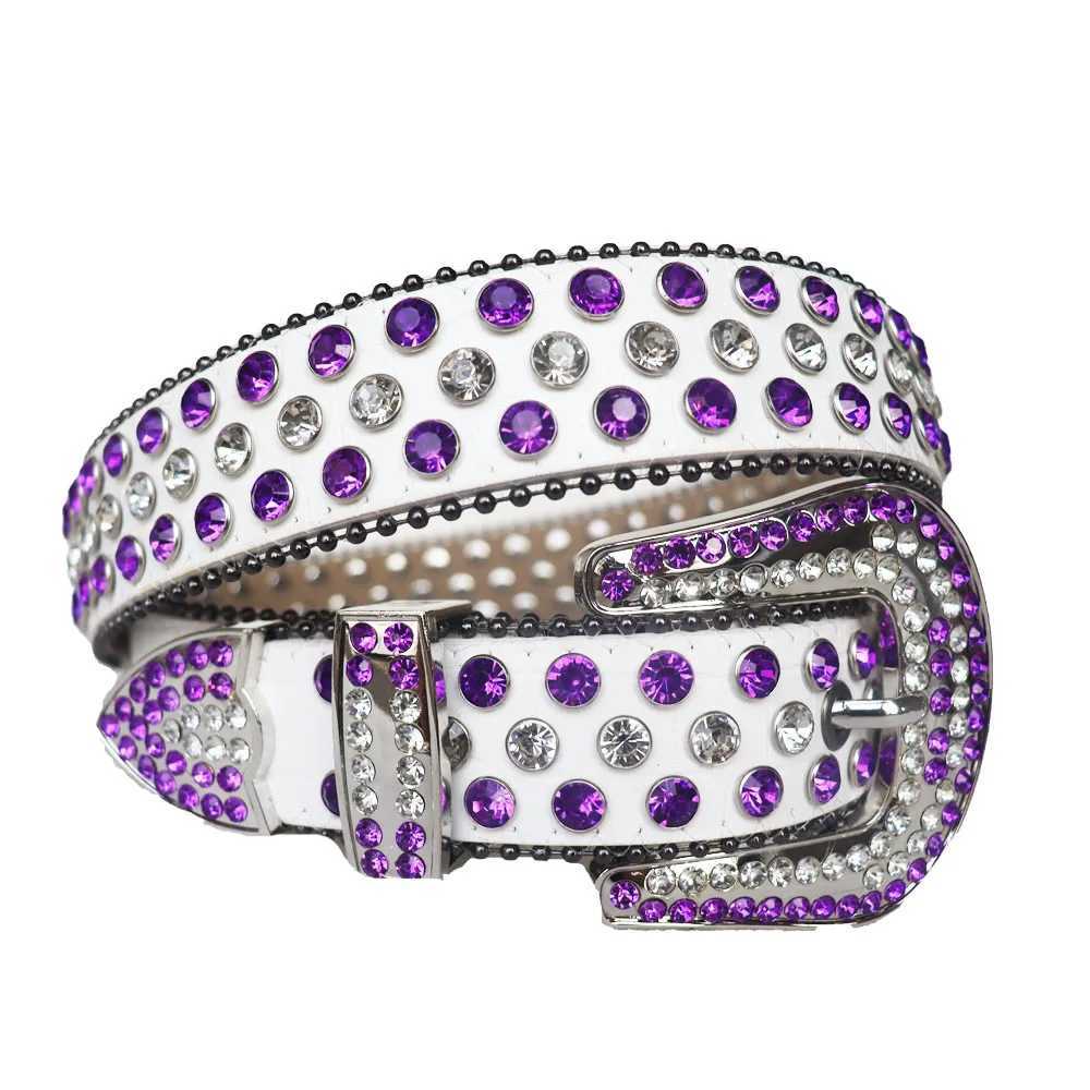 Unisex adult plus size womens punk western denim Rhinestone with stud diamond PU leather strap BB W240807