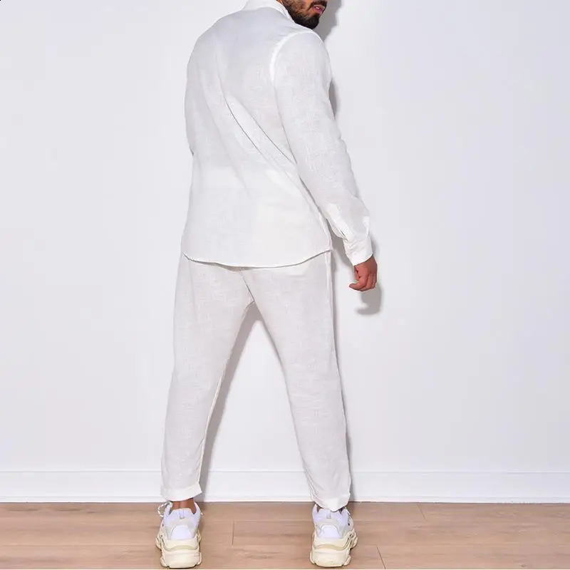 Mens set linen spring and autumn casual set long sleeved shirt and mens two-piece set fashionable mens selling comfort 240827
