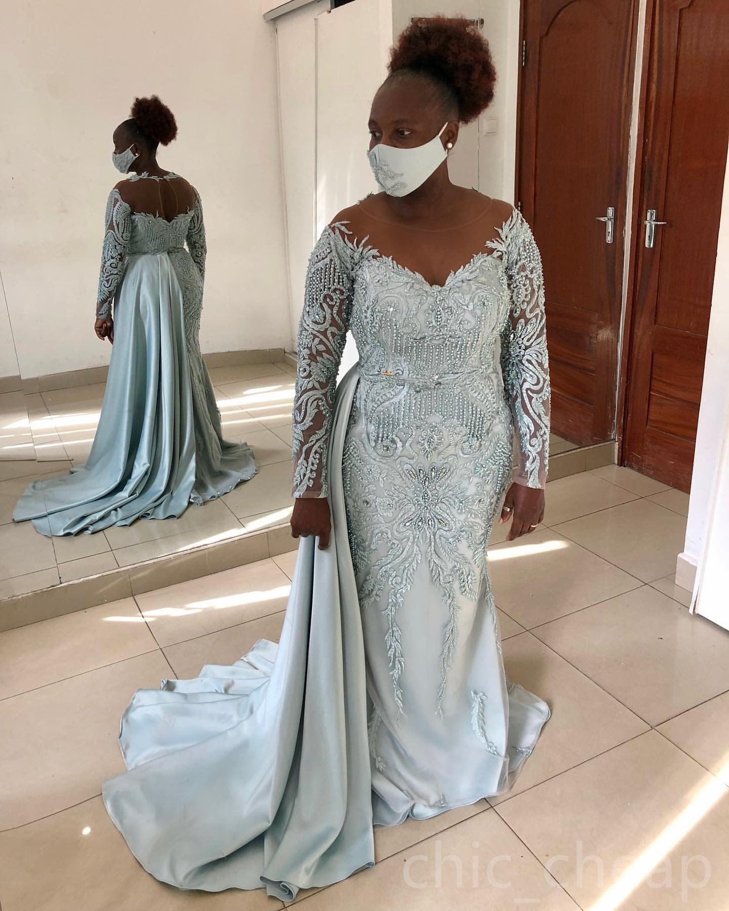 2024 silver mermaid mother of bride dresses lace beaded evening party mama dress vintage satin full sleeves birthday wedding guest groom mothers gowns