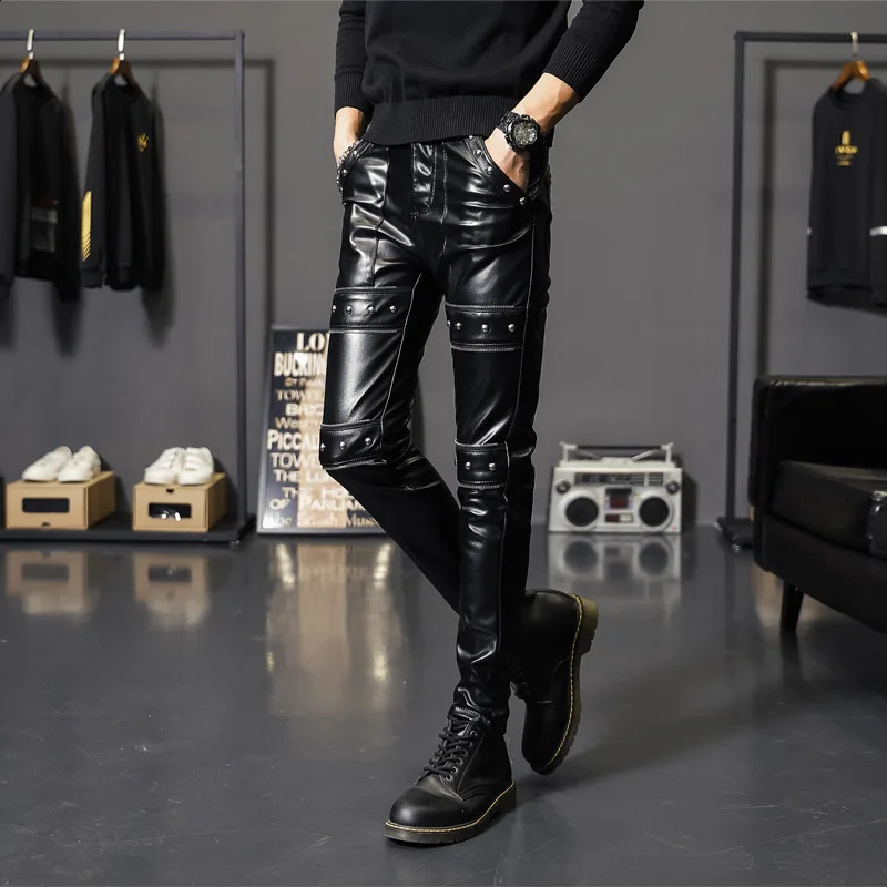 Idopy Mens Artificial Leather Pants Punk Style Tight Party Stage Performance Stud Nightclub Steampunk PU Trouser with Rivet 240816