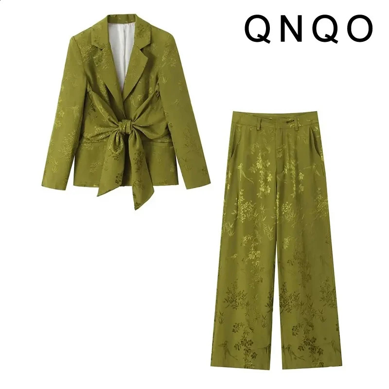 QNQO Two Piece Sets Womens Outifits Bow Print Pattern Turn-down Collar Casual Shirts and Streetwear Vintage High Waisted Pants 240816