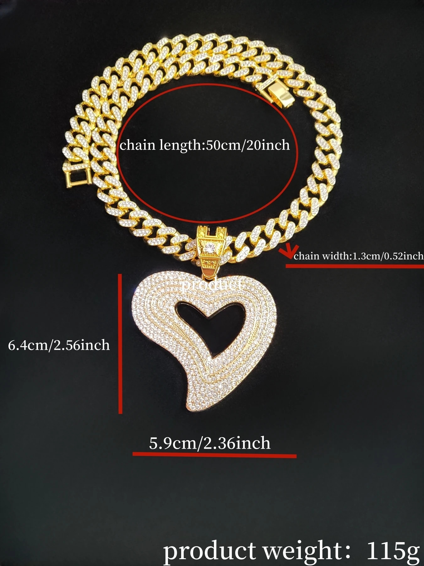 Mens Womens Hip Hop Heart Pendant Necklace Cuban Chain Hip Hop Ice Out Sparkling Hip Hop Necklace Fashion Jewelry 240810
