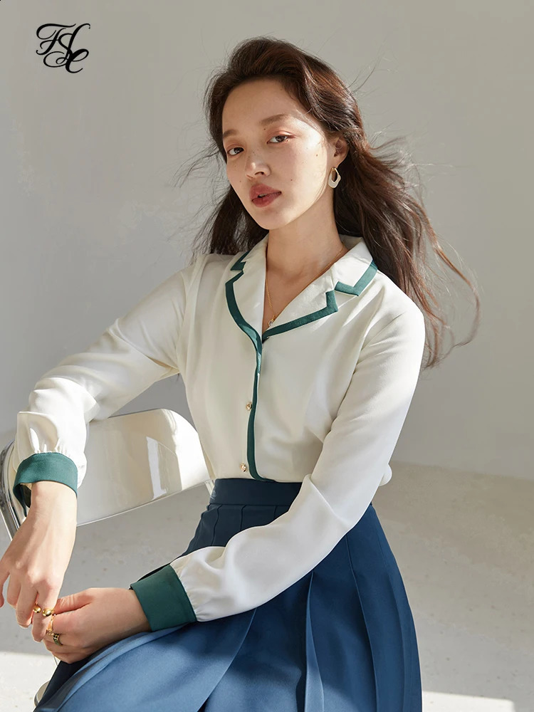 FSLE Collar Full Sleeve Straight Contrast Shirt Office Womens Solid Polyester 240814